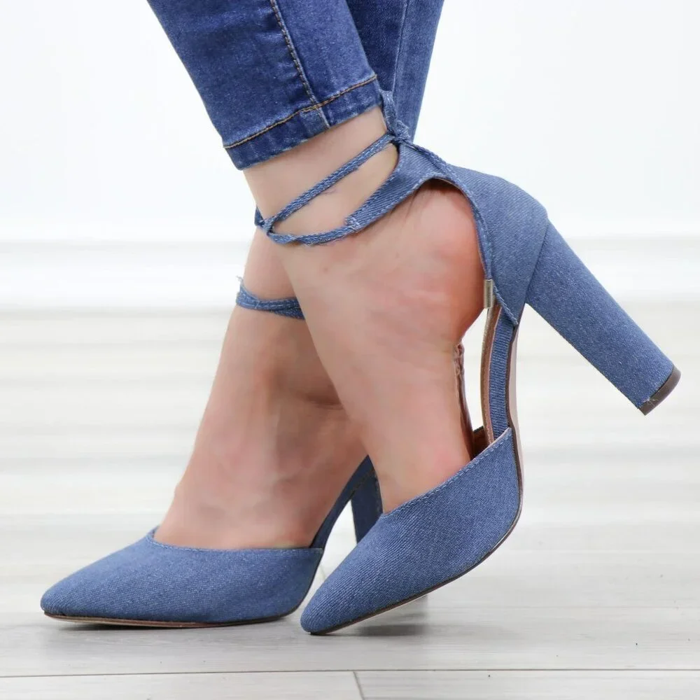 Denim Pointy Toe Block Lace-Up High Heel Pumps - Picture 8 of 15